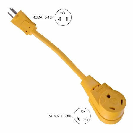 Superior Electric Plug Adapter, TT-30R, 5-15P, 1 ft., Yellow RVA1501
